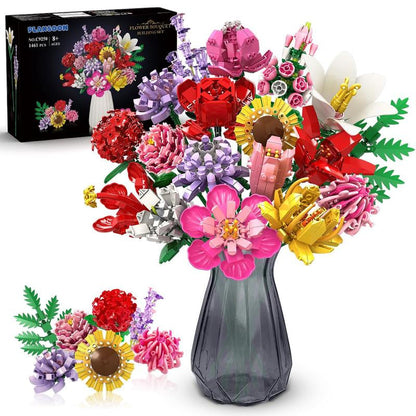 PLAXSOON 1461PCS Flower Bouquet Building Blocks, 18 Flowers & Fruit Ornaments, Everlasting Home Decor, Valentine Birthday Gift for Adults Women Kids 8+