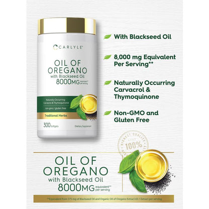 Carlyle Oil of Oregano with Black Seed Oil | 8000Mg | 300 Softgel Capsules | Naturally Occurring Carvacrol & Thymoquinone Pills | Non-Gmo, Gluten Free Supplement