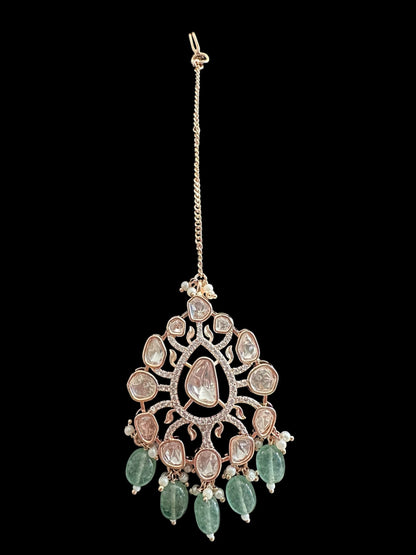 DNS206 Alayna Polki Necklace earrings tika set - light green beads with pearls ( READY TO SHIP )