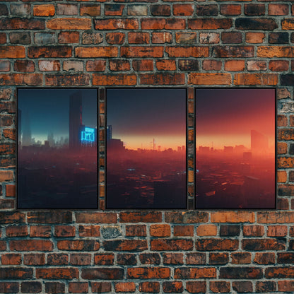 Cyberpunk Cityscape, Cyberpunk Concept Art at Sunset, Cool mancave art, 3 Piece Canvas Decor, 3 Piece Wall Art, Ready To Hang Canvas Prints