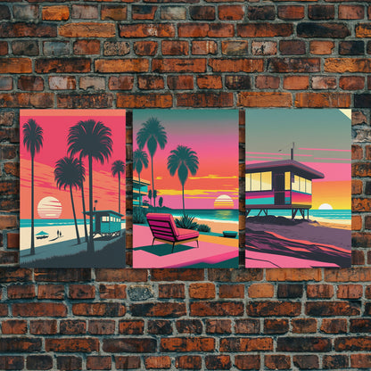 MCM Style Retro Wall Decor, Framed Canvas Prints, Triptych 3 Panel Wall Art, Retrowave Beach Art, Minimalist Boho Vaporwave Architecture Art