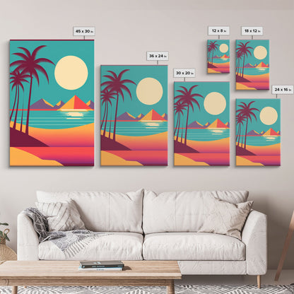 Beautiful Turquoise Retro Style Beach Art, Triptych 3 Panel Framed Canvas Prints, Palm Trees and Sunset, 80s Vibes Vaporwave Art Deco Mashup