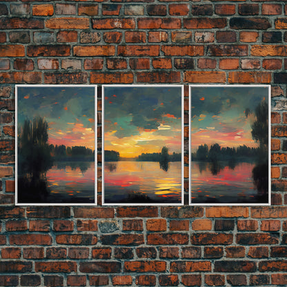 Lakehouse Canvas Print, watercolor painting of a sunset reflected on a lake, 3 Piece Wall Art, Ready To Hang Canvas Print