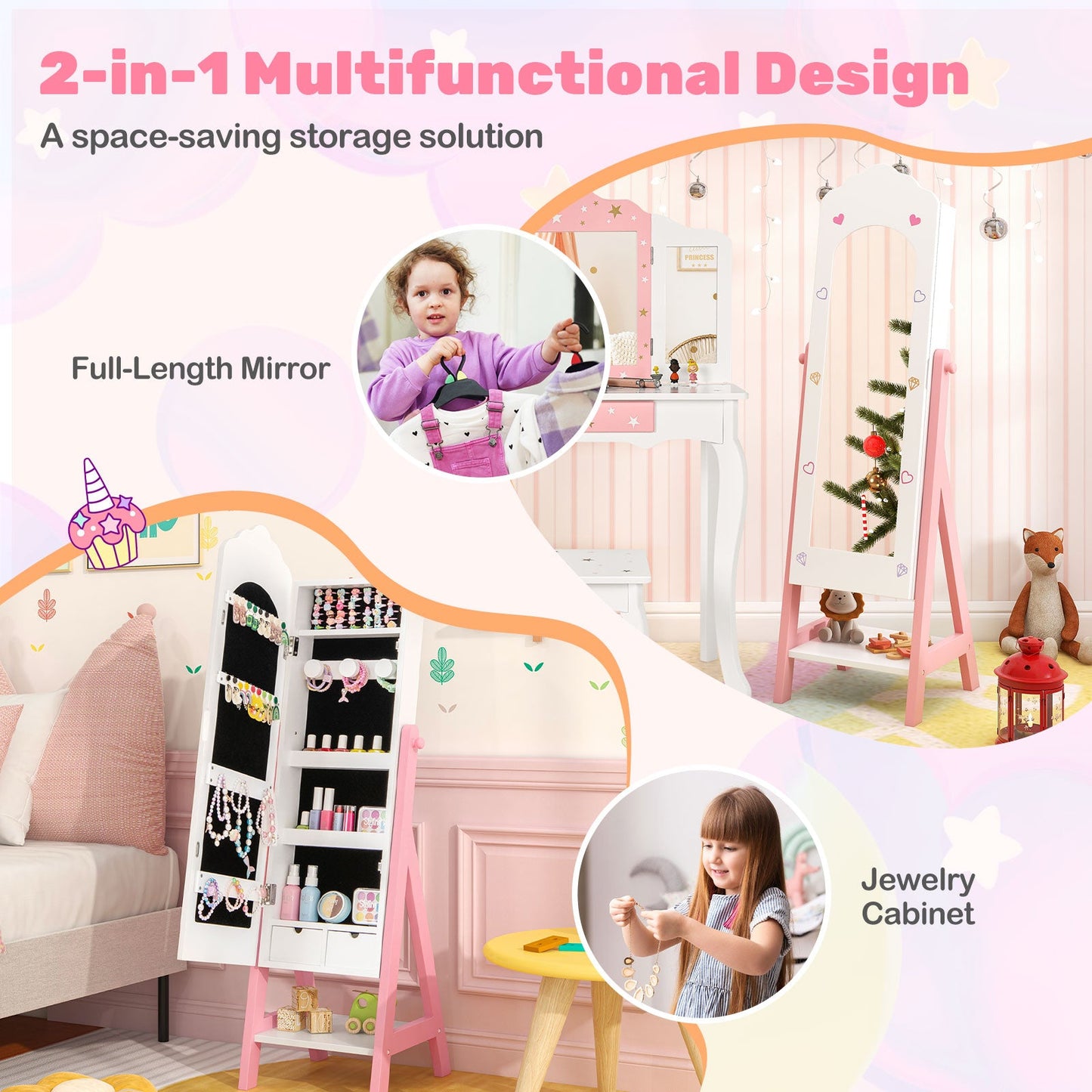 2 Pieces Kids Vanity Set and Jewelry Armoire Cabinet with Full-length Mirror-White