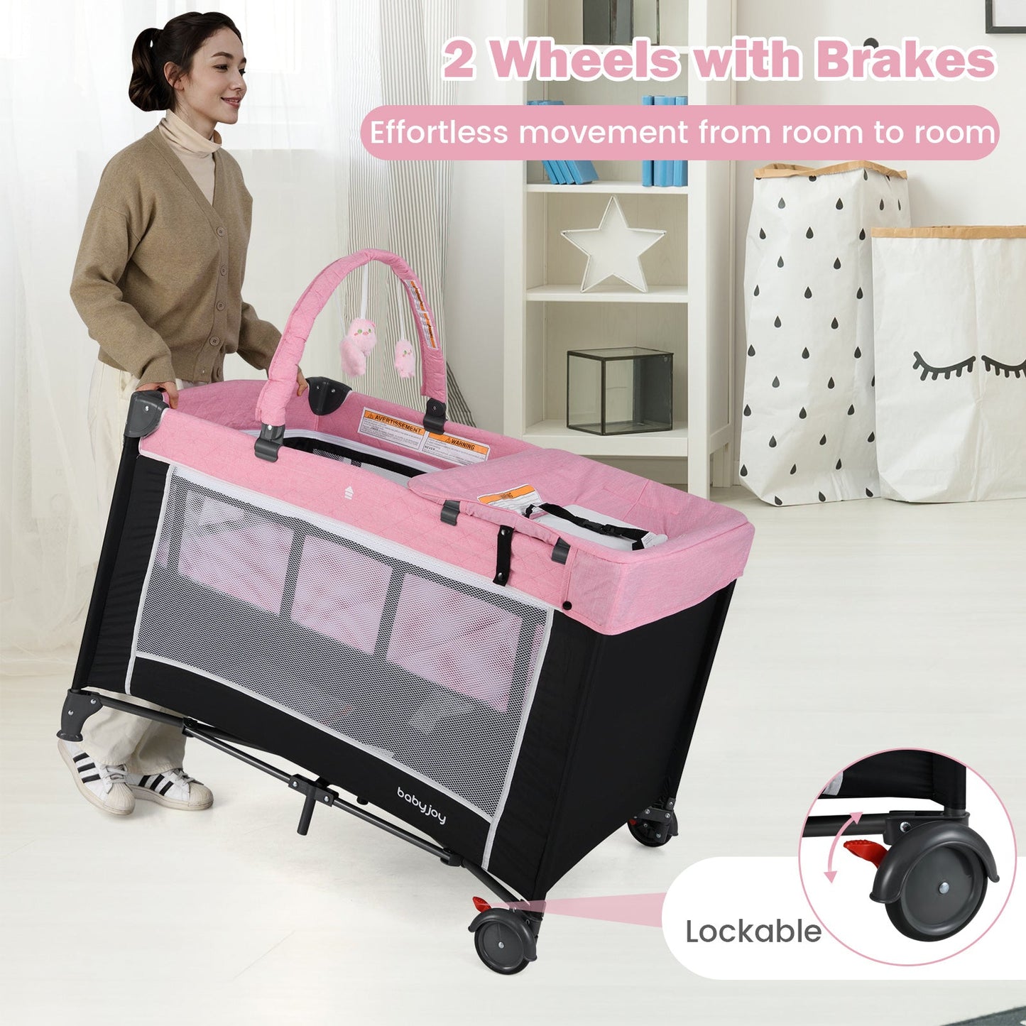 3-in-1 Portable Baby Crib and Playpen with Changing Table-Pink