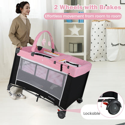 3-in-1 Portable Baby Crib and Playpen with Changing Table-Pink