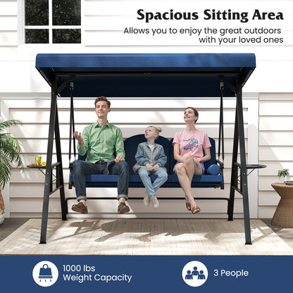 3-Seat Patio Swing Chair Porch Swing with Adjustable Canopy Thickened Cushions Pillow and Foldable Side Trays