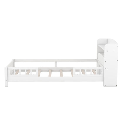 Wood Platform Bed With Built In LED Light, Storage Headboard And Guardrail