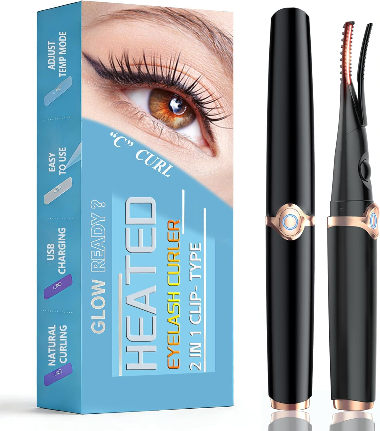 Heated Eyelash Curlers - 2 in 1 Clip- Type Heated Lash Curler Best Seller Electric Eyelash Curler LED Display 3 Temp Settings for Makeup Tools USB Rechargeable Natural Curling 24H Long Lasting 2A