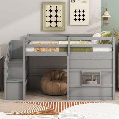 Loft Bed With Storage Staircase, Window & LED Light
