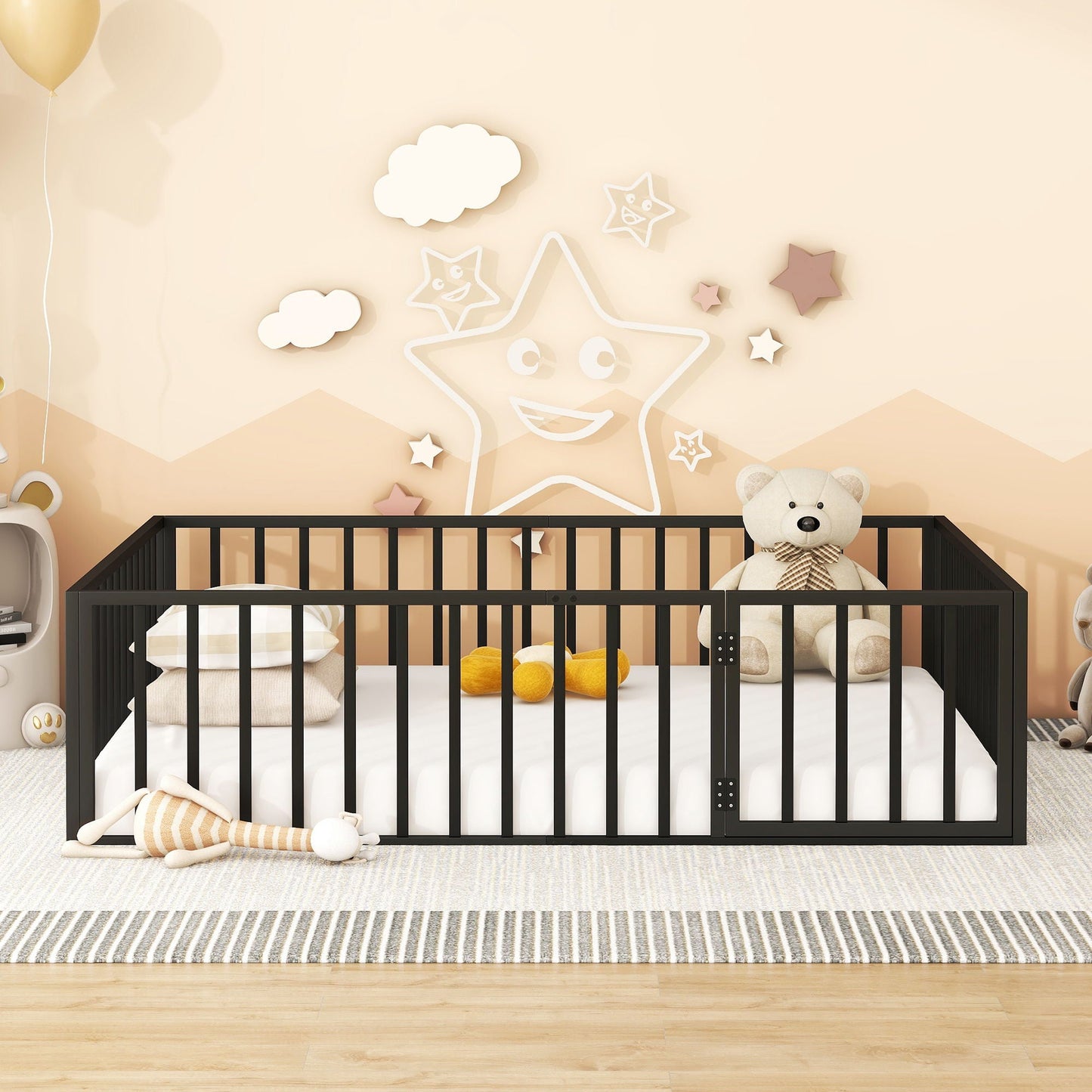 Metal Floor Bed Frame With Fence And Door