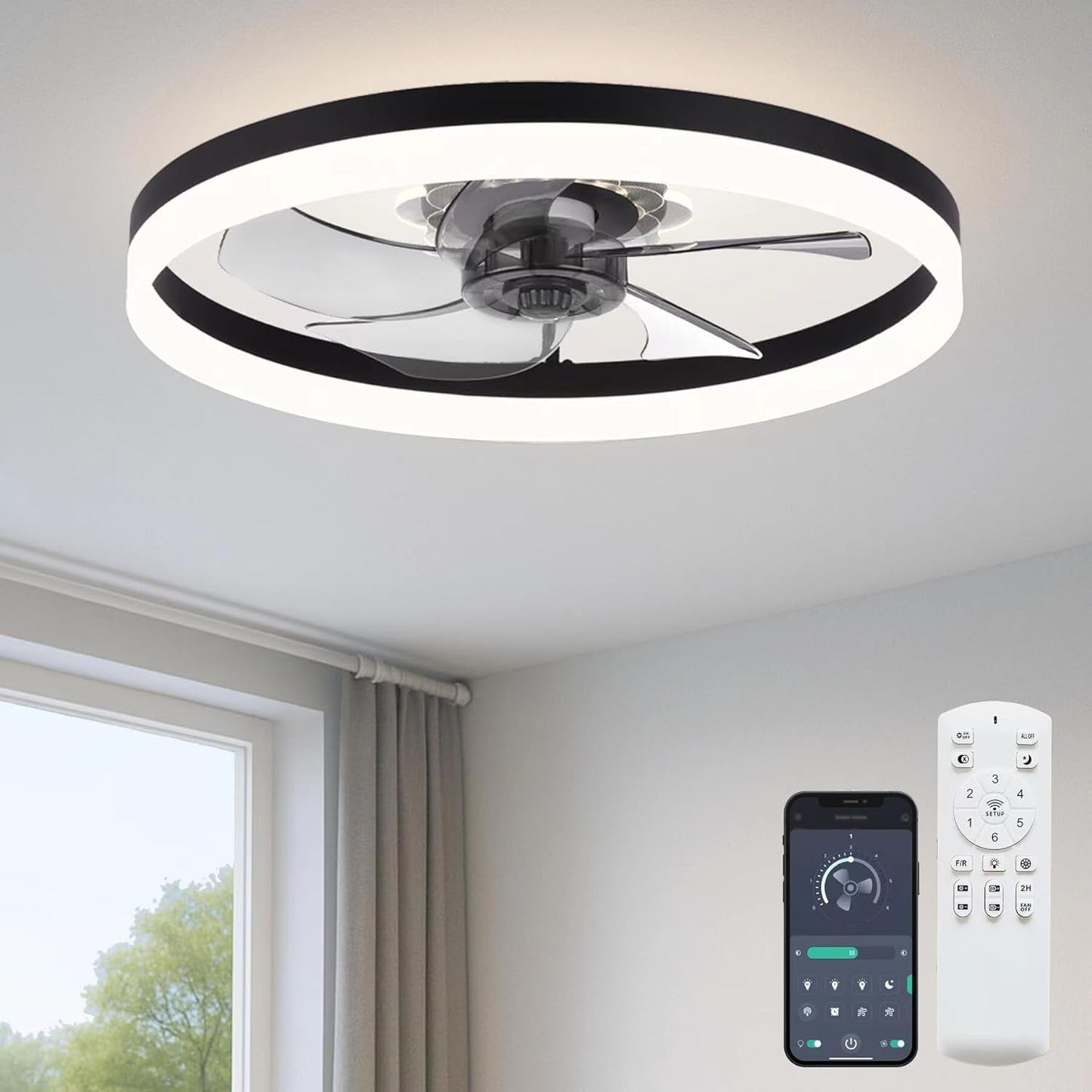 20‘’ Ceiling Fan with Light, Upgraded Low Profile Fan, Flush Mount Ceiling Fan, 6 Speeds, Dimmable LED, App & Remote Control, Quiet DC Motor, for Bedroom, Living Room, F115 White