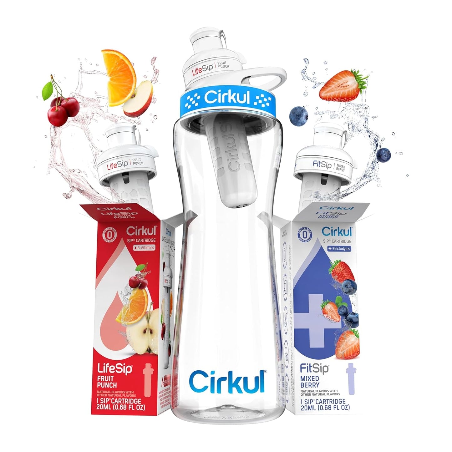 Cirkul 22Oz. Bpa-Free Plastic Water Bottle Starter Kit with Blue Lid, 3 Flavor Cartridges (1 Lifesip Fruit Punch, 1 Fitsip Mixed Berry, 1 Gosip Black Cherry) Zero Calories and No Sugar