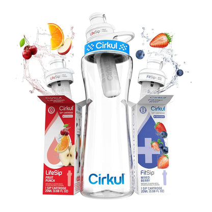 Cirkul 22Oz. Bpa-Free Plastic Water Bottle Starter Kit with Blue Lid, 3 Flavor Cartridges (1 Lifesip Fruit Punch, 1 Fitsip Mixed Berry, 1 Gosip Black Cherry) Zero Calories and No Sugar