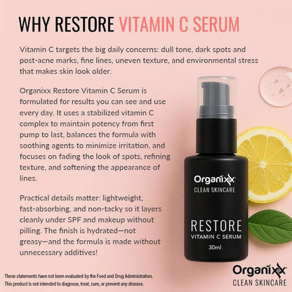 ORGANIXX Restore Vitamin C Serum with Hyaluronic Acid & Organic Vitamin E for Brighter & Smoother Skin 30Ml