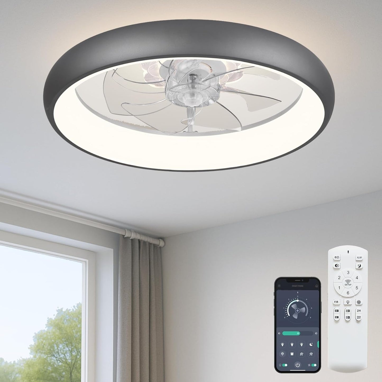 20‘’ Ceiling Fan with Light, Upgraded Low Profile Fan, Flush Mount Ceiling Fan, 6 Speeds, Dimmable LED, App & Remote Control, Quiet DC Motor, for Bedroom, Living Room, F115 White