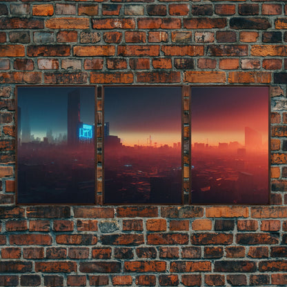 Cyberpunk Cityscape, Cyberpunk Concept Art at Sunset, Cool mancave art, 3 Piece Canvas Decor, 3 Piece Wall Art, Ready To Hang Canvas Prints
