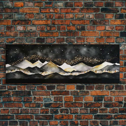 Black & Gold Mountain Landscape Painting, Framed Canvas Print, Panoramic Art, Extra Wide Art, Center Piece Decor, Above Fireplace or Sofa