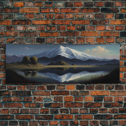 Contemporary Mountain Oil Painting Framed Canvas Print | Huge Wall Decor | Panoramic Nature / Landscape Painting | Wood Frame Art