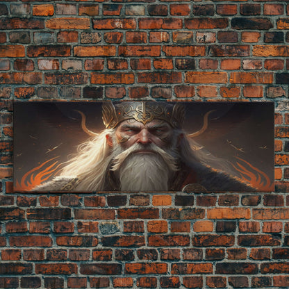 Panoramic Portrait of Odin, Norse Mythology Painting, Framed Wall Art, Man Cave Decor