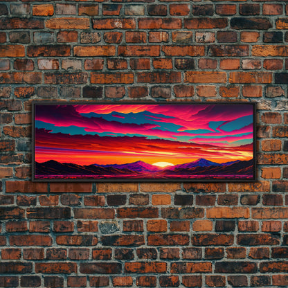 Panoramic Framed Canvas Print | Desert Mountain Landscape Synthwave Sunset | Living Room, Bedroom, Dining Room, Office