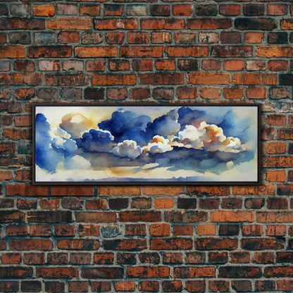 Whimsical Clouds Wall Decor, Ready To Hang Canvas Print, Panoramic, Clouds and Blue Sky, Guest Room Art, Minimalist Decor