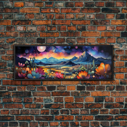 Starry Night Over A Southwestern Desert, Boho Decor, Van Gogh Inspired Southwestern Style Desert Painting, Framed Canvas Print