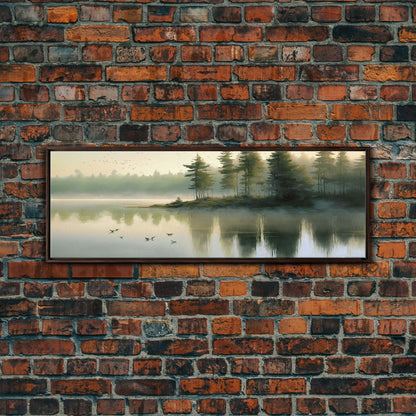 framed lake landscape art, panoramic, framed wall art,  living room wall decor, framed canvas, minimalist landscape, abstract landscape art