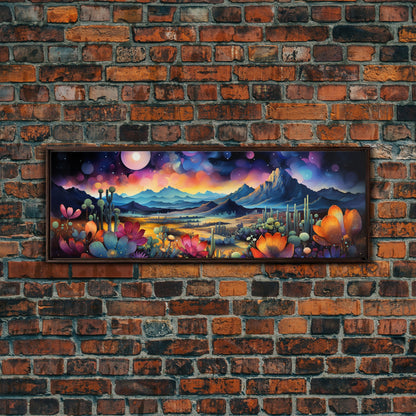 Starry Night Over A Southwestern Desert, Boho Decor, Van Gogh Inspired Southwestern Style Desert Painting, Framed Canvas Print