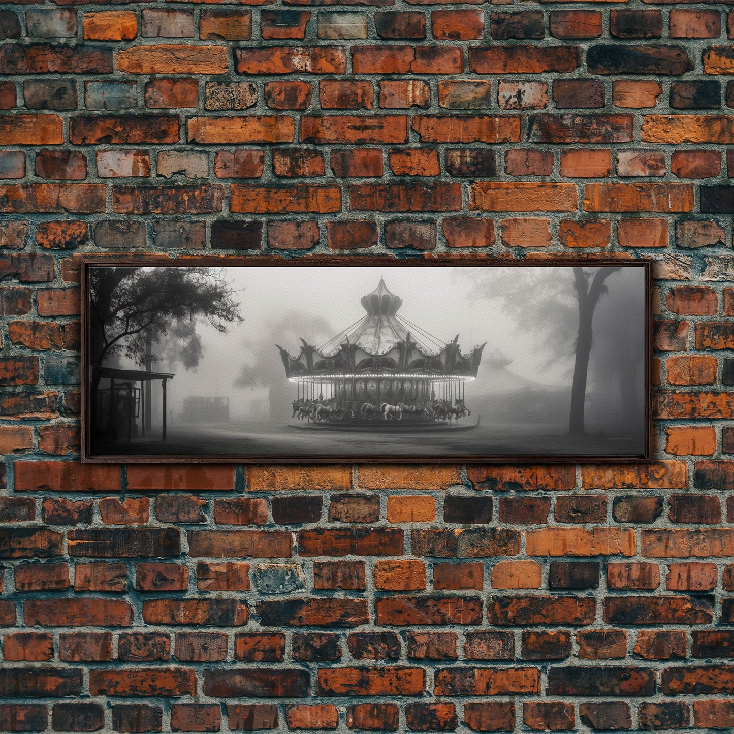 Creepy Carousel / Merry Go Round Wall Art, Framed Canvas Print, Black And White Art