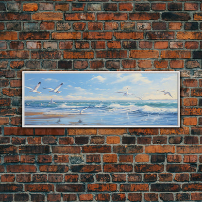 Blue Beach, Ocean Waves & Seagulls Panoramic Framed Canvas Print - Perfect for Living Room, Bedroom, Office Decor