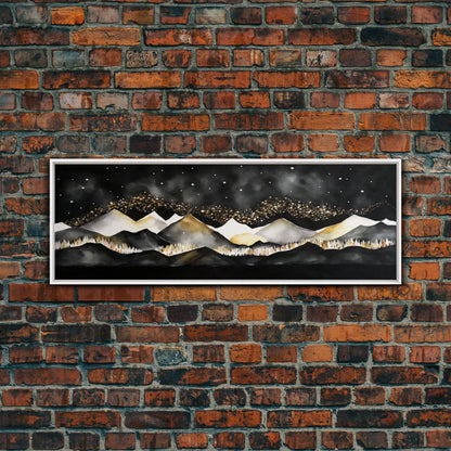 Black & Gold Mountain Landscape Painting, Framed Canvas Print, Panoramic Art, Extra Wide Art, Center Piece Decor, Above Fireplace or Sofa