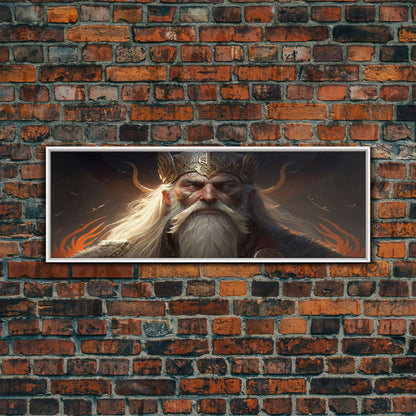 Panoramic Portrait of Odin, Norse Mythology Painting, Framed Wall Art, Man Cave Decor