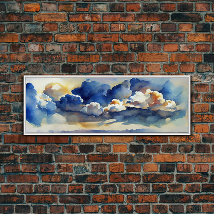 Whimsical Clouds Wall Decor, Ready To Hang Canvas Print, Panoramic, Clouds and Blue Sky, Guest Room Art, Minimalist Decor