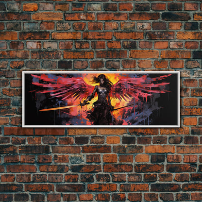 The Battle Angel, Framed Canvas Print, Game Room Art, Panoramic Painting, Panoramic Wall Art, Extra Large Wall Art