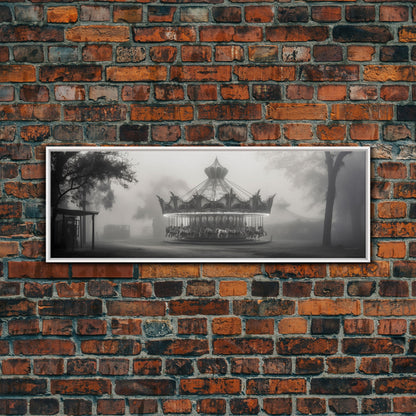 Creepy Carousel / Merry Go Round Wall Art, Framed Canvas Print, Black And White Art