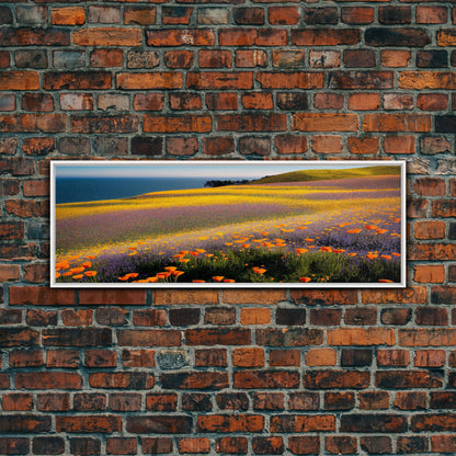 Orange and Purple Flowers in Bloom, Office Poster, Extra Large Wall Art, Framed Panoramic Canvas Print, Framed Wall Decor