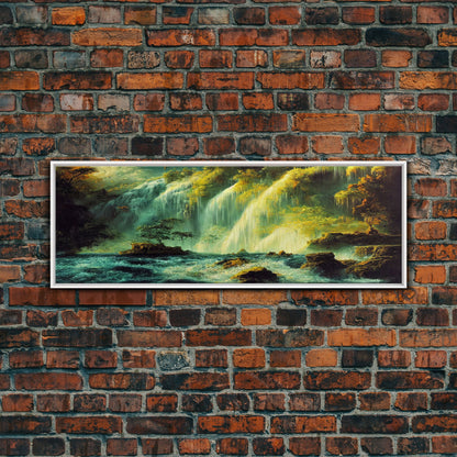 Vintage Style Trees, Forest, Waterfall and Mountain Art, Extra Large Wall Art, Framed Panoramic Canvas Print, Framed Wall Art