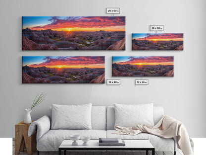Photographic Panoramic of Badlands National Park, Sunset Photography, National Park Art, Framed Canvas Print, Landscape Photography