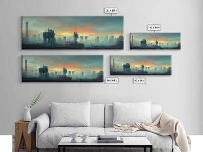 Night City Watercolor, Cyberpunk City, Ready To Hang Canvas Print, Panoramic, Videogame Concept Art, Watercolor Painting Of a Cyberpunk City