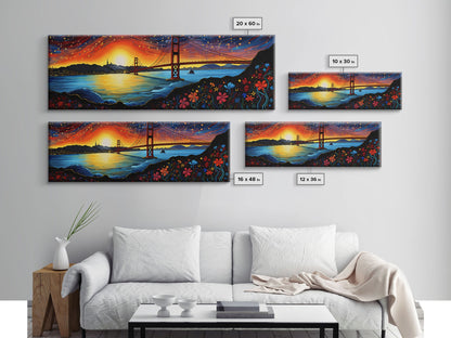 Golden Gate Bridge Abstract Panoramic Framed Canvas Print, Van Gogh Inspired Original Painting, Colorful California Wall Art
