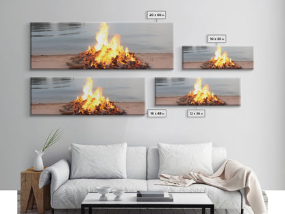 Campfire On The Beach, Framed Canvas Print, Lakehouse Wall Art, Ocean Decor, Ocean Wall Art, Home & Office Decoration