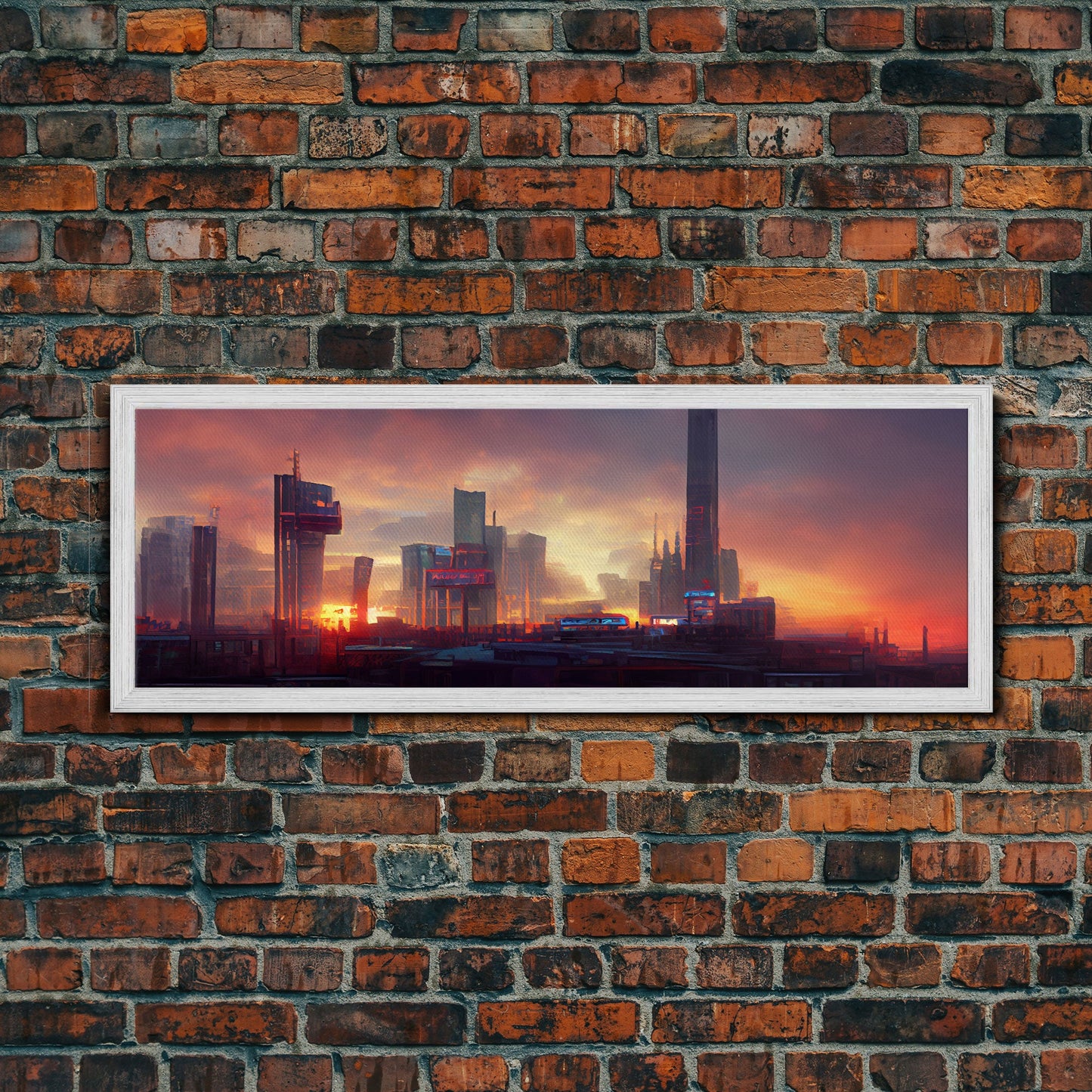 Cyberpunk Cityscape, Metropolis Art, Ready To Hang Canvas Print, Panoramic, Night City Watercolor Concept Art