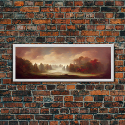 Hazy Forest Fantasy Art, Ready To Hang Canvas Print, Panoramic Art, Fog Covered Forest High Fantasy RPG Concept Art