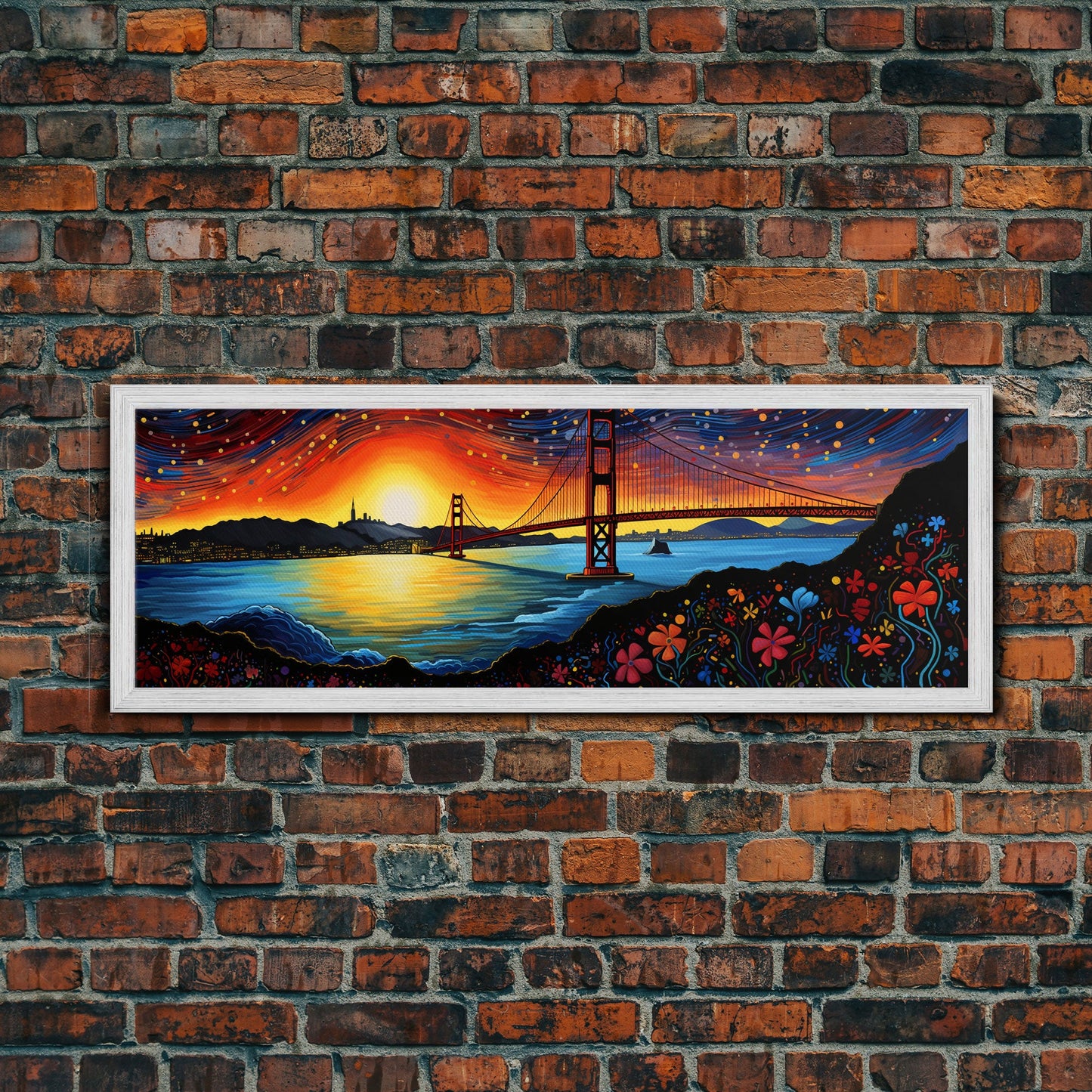Golden Gate Bridge Abstract Panoramic Framed Canvas Print, Van Gogh Inspired Original Painting, Colorful California Wall Art
