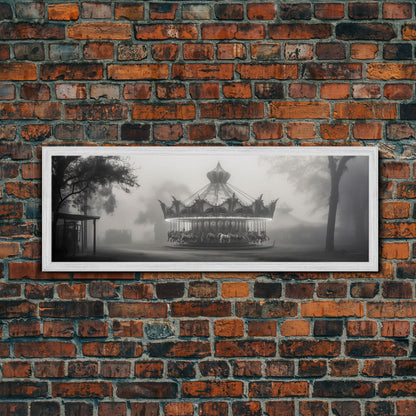 Creepy Carousel / Merry Go Round Wall Art, Framed Canvas Print, Black And White Art