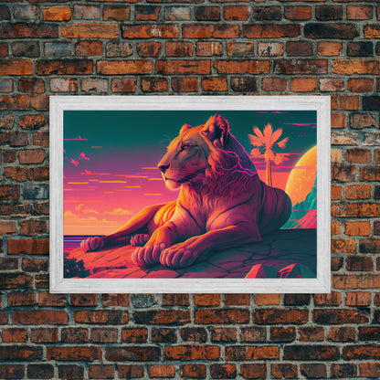 Lion contemplating life on a cliff, vibrant and colorful synthwave retro style art, framed canvas print