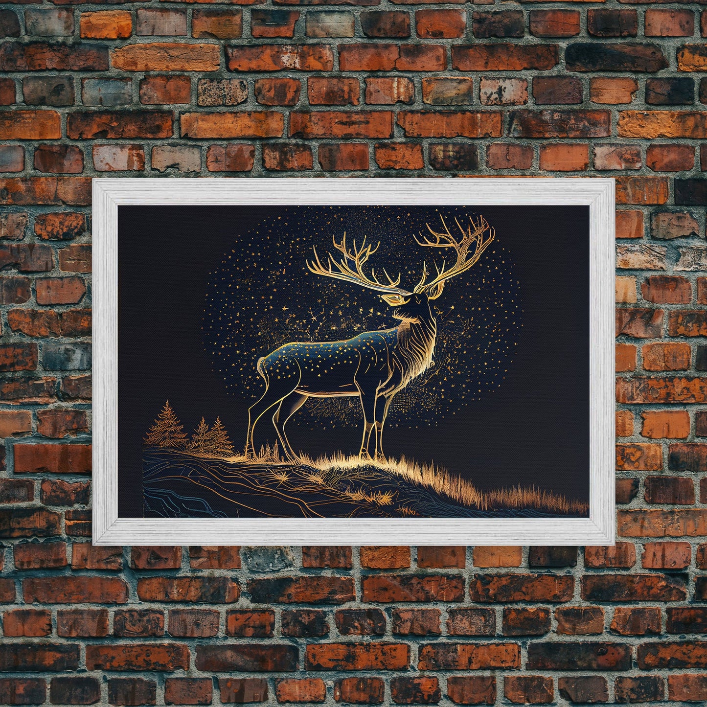 Deer made of stars, reflection stag, framed canvas print, unique wall art, starry night stag