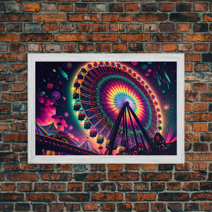 Colorful boardwalk art, neon lit night time ferris wheel, framed canvas print, framed wall art