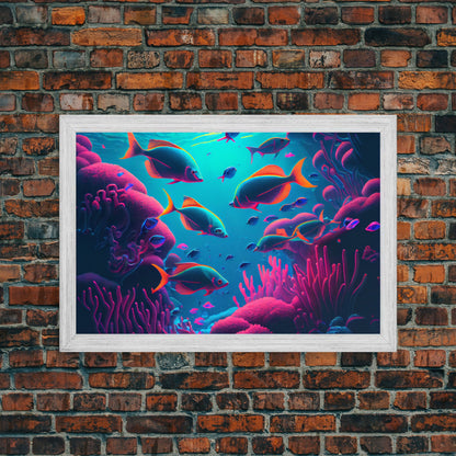 Coral Reef art, synthwave aesthetic ocean art, school of fish, framed canvas art, framed wall art canvas print
